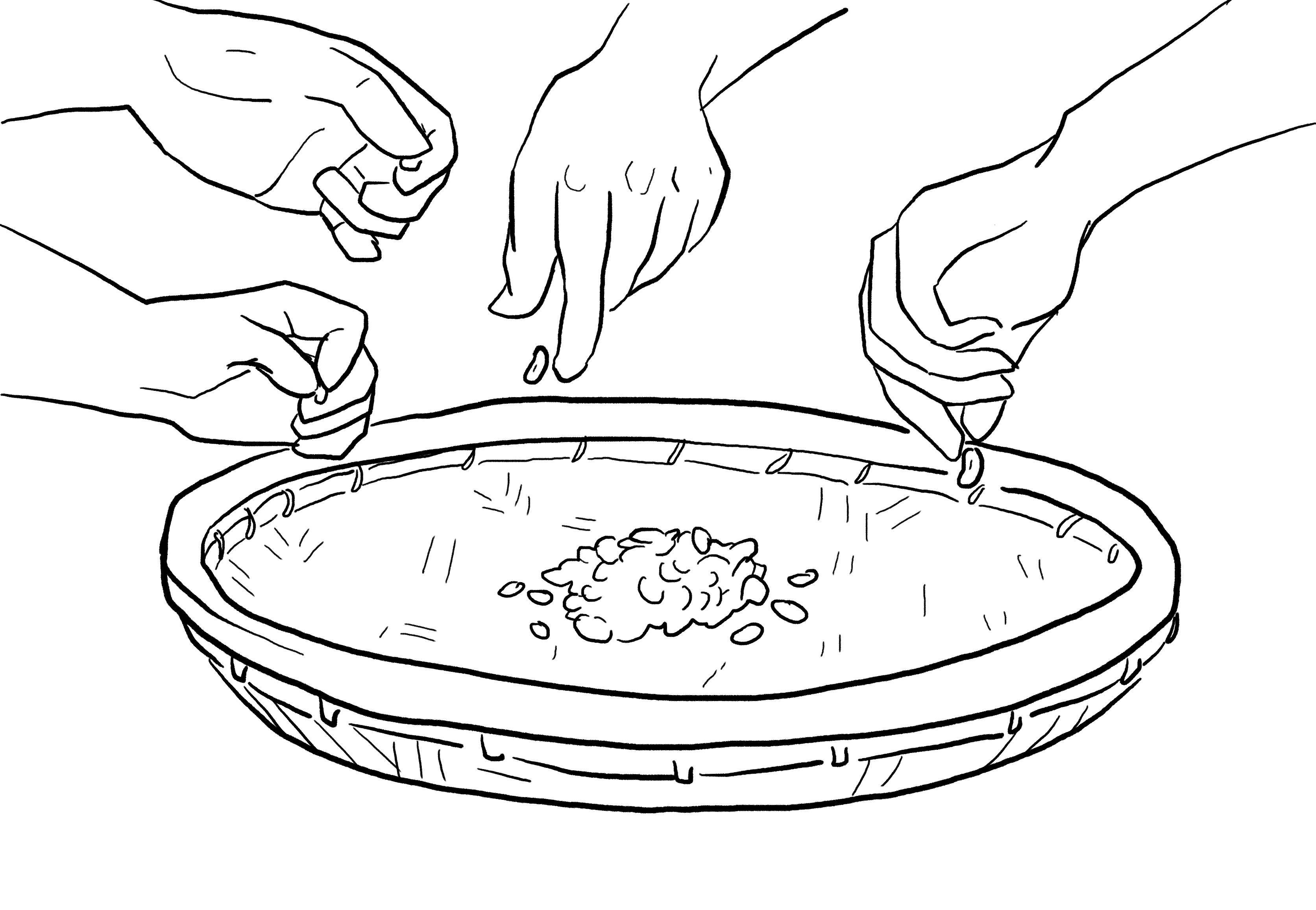 Hands contributing to a shared bowl, representing collective resource pooling